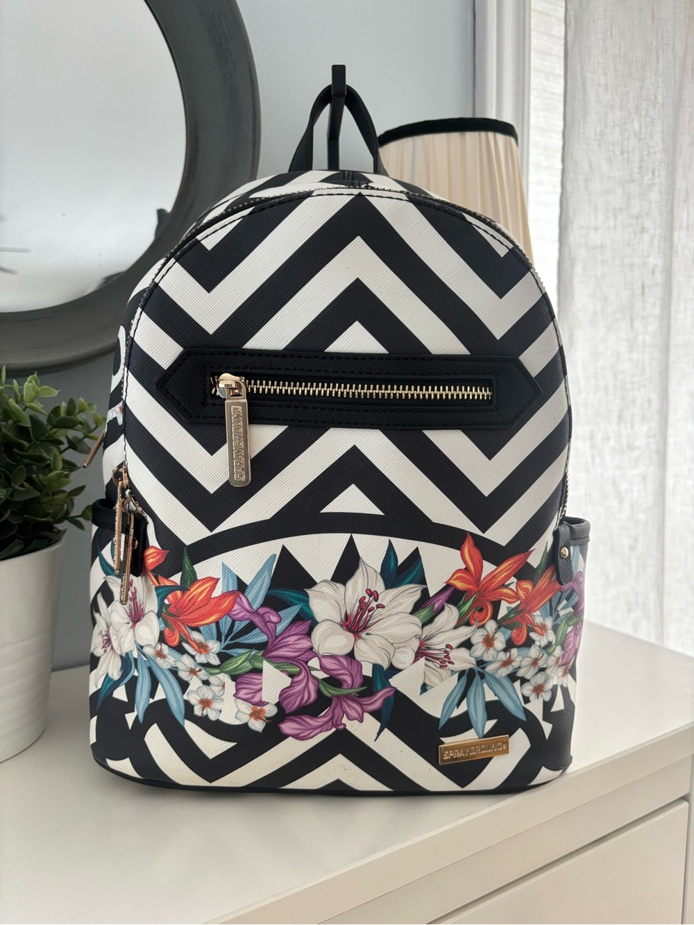 Sprayground limited edition Black & White Chevron Floral Mini Backpack